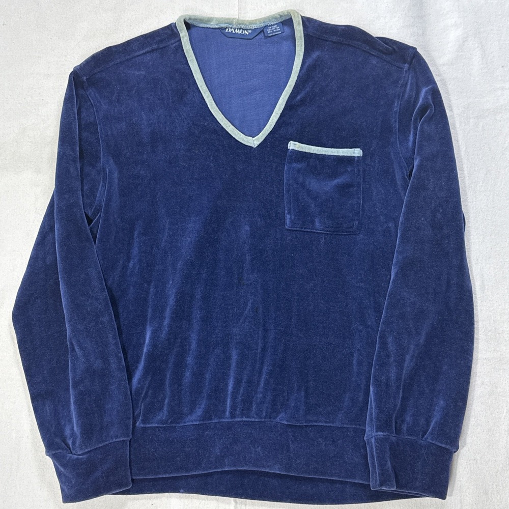 VTG 1970s DAMON Long Sleeve Velour Sweatshirt Sz L Navy Blue